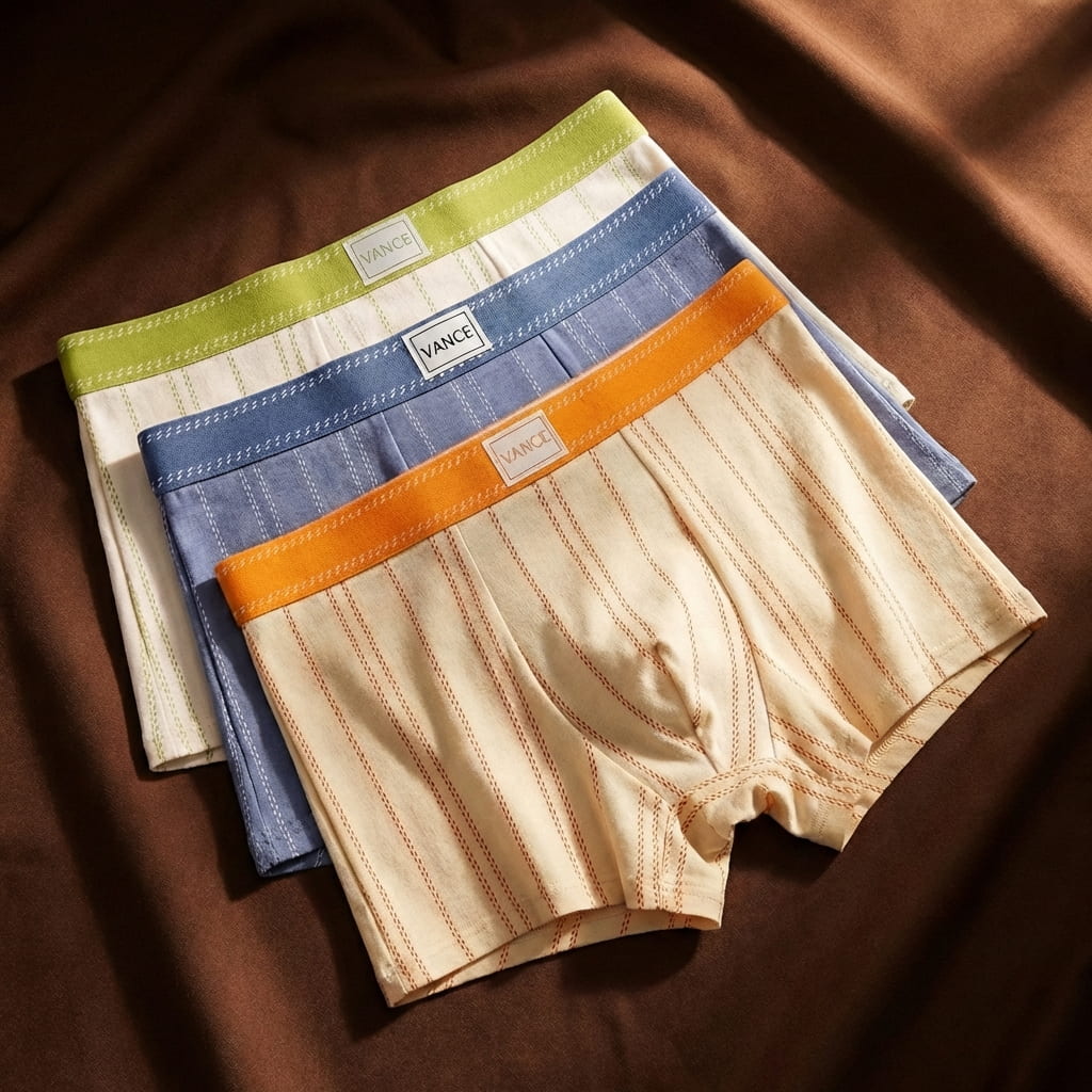 Three colorful striped boxer briefs with elastic waistbands stacked neatly.