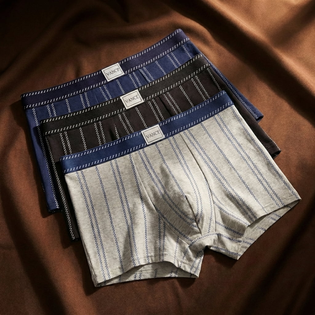 Dark and grey tone striped boxer briefs displayed on a brown surface.