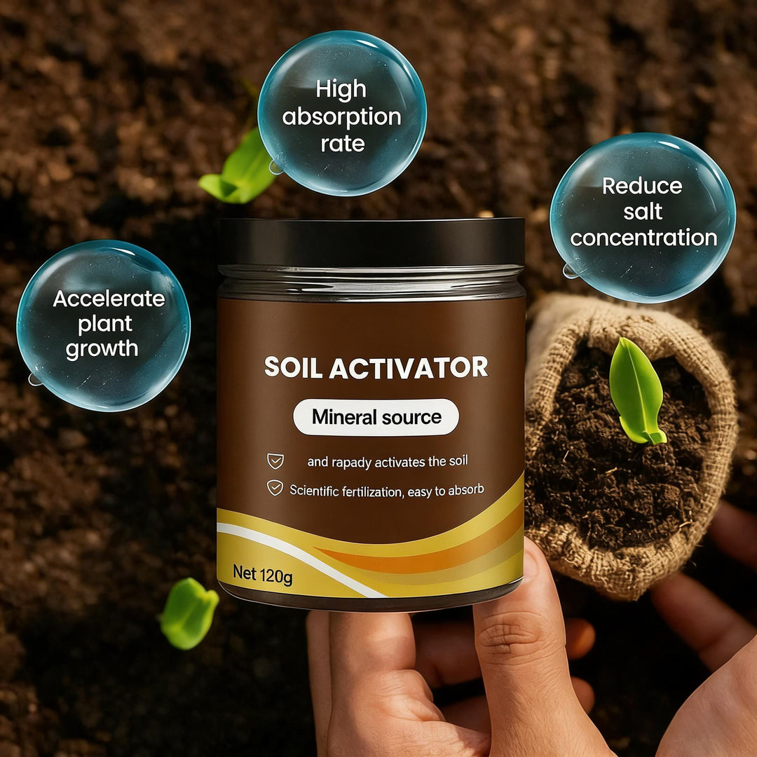 Soil activator jar held in hand with garden background showing absorption benefits