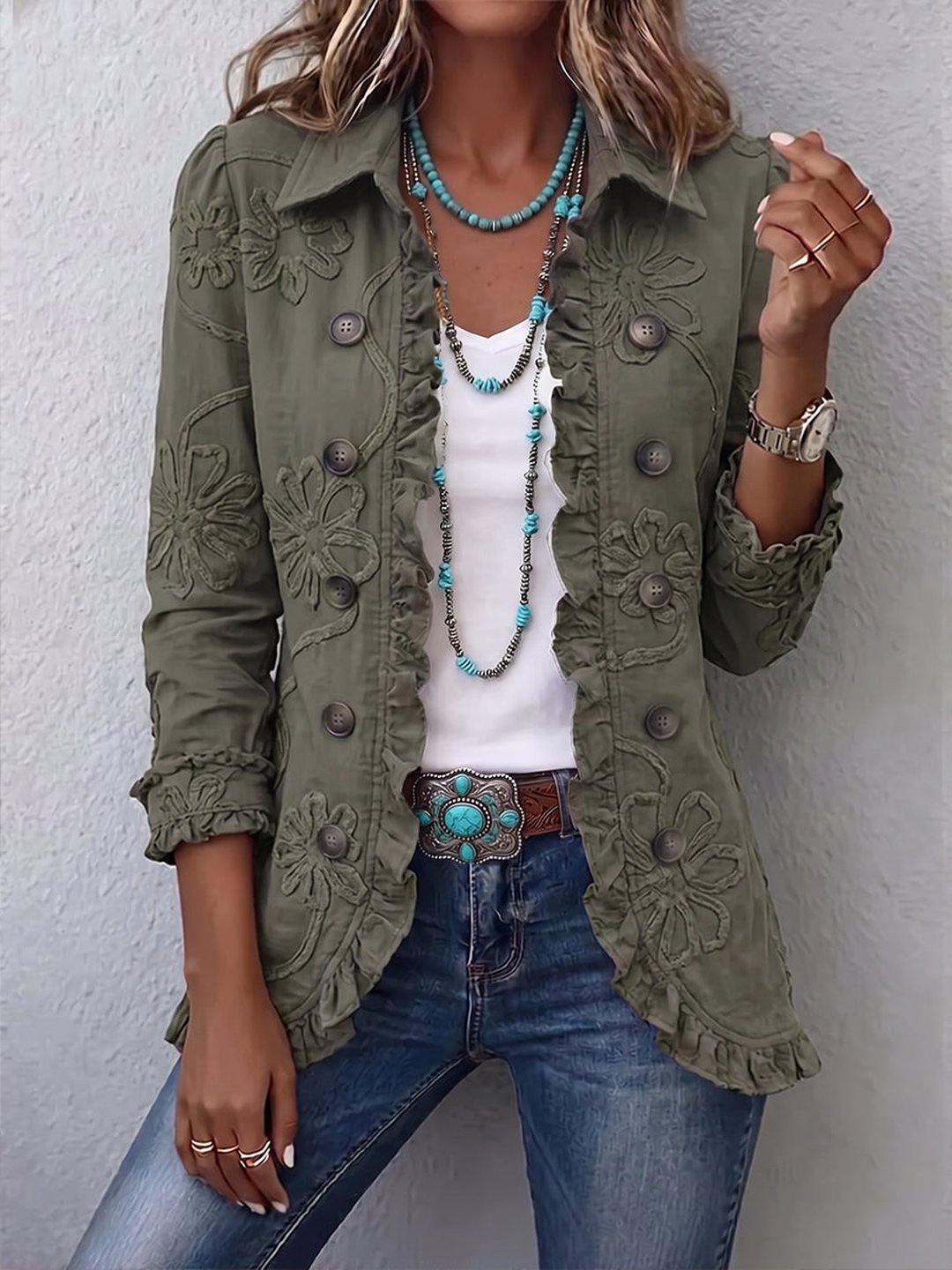 Women's boho floral embroidered jacket, casual outerwear front view