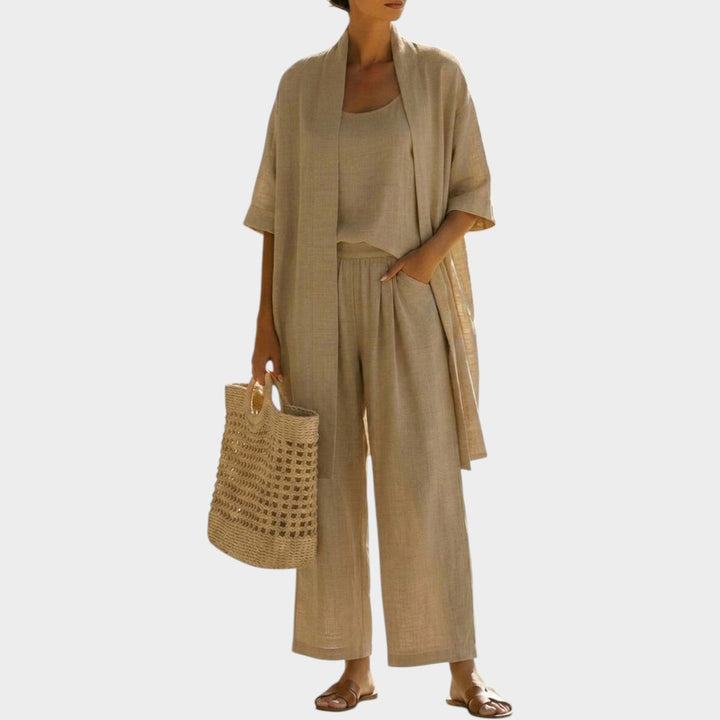 Womens three-piece casual outfit with cardigan, top, and wide leg pants