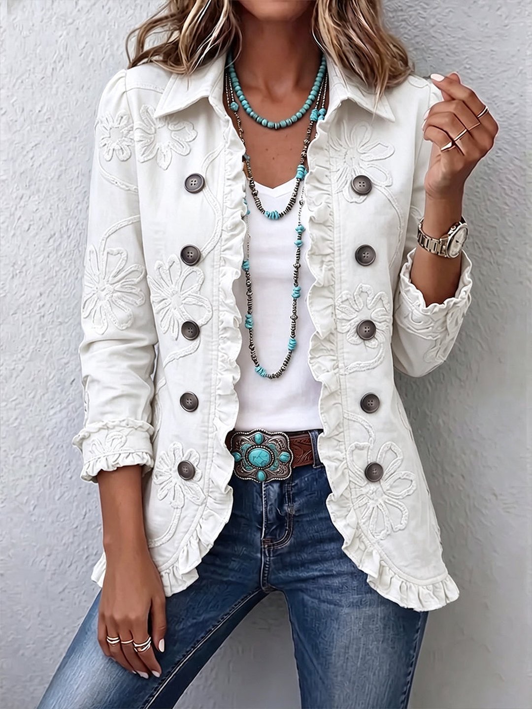 Women's ivory floral embroidered utility jacket in a casual chic tailored fit outerwear style