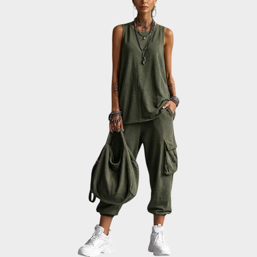 Woman wearing green sleeveless top and cargo pants matching set