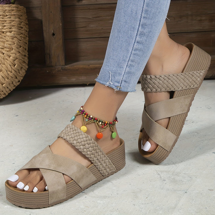 Close-up of woven strap detail on women's comfort summer shoes