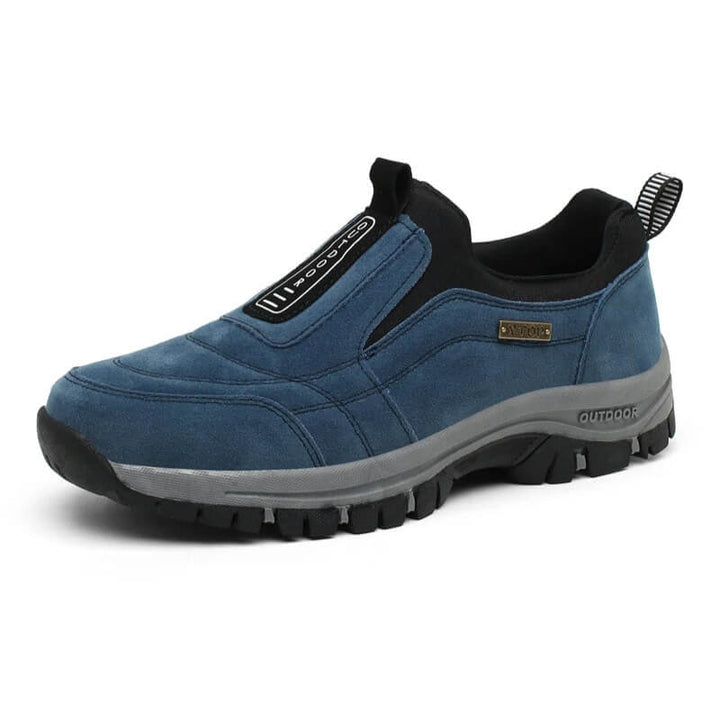 Men's blue orthopaedic slip-on walking shoe on white background