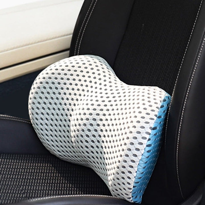 Blue and white mesh orthopaedic lumbar support cushion placed on a black car seat