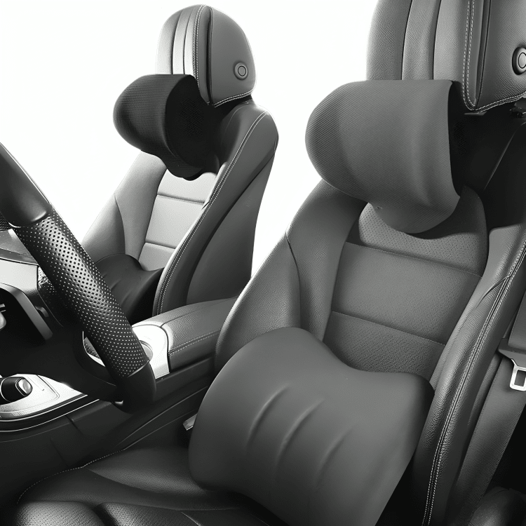 Pair of gray ergonomic car pillows installed on front vehicle seats