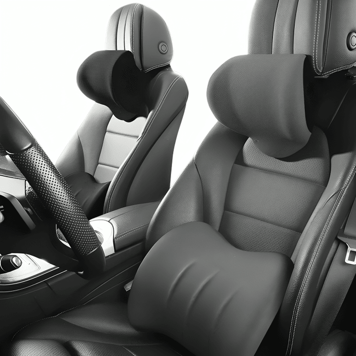 Pair of gray ergonomic car pillows installed on front vehicle seats