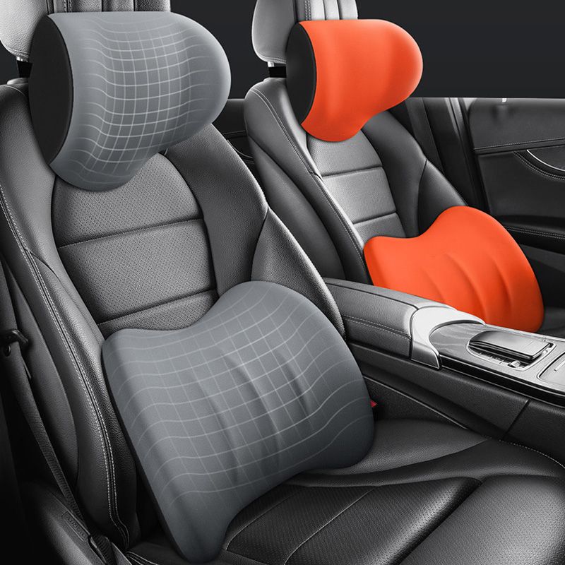 Gray and orange orthopedic car pillows installed on vehicle seats showcasing color options