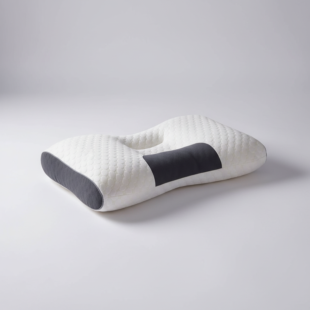 White ergonomic orthopedic contour neck pillow with dark gray side panels on a neutral background