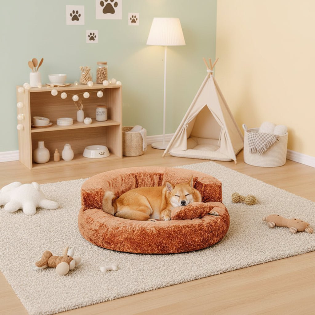 Shiba Inu dog resting peacefully inside a brown orthopedic donut dog bed in a cozy room