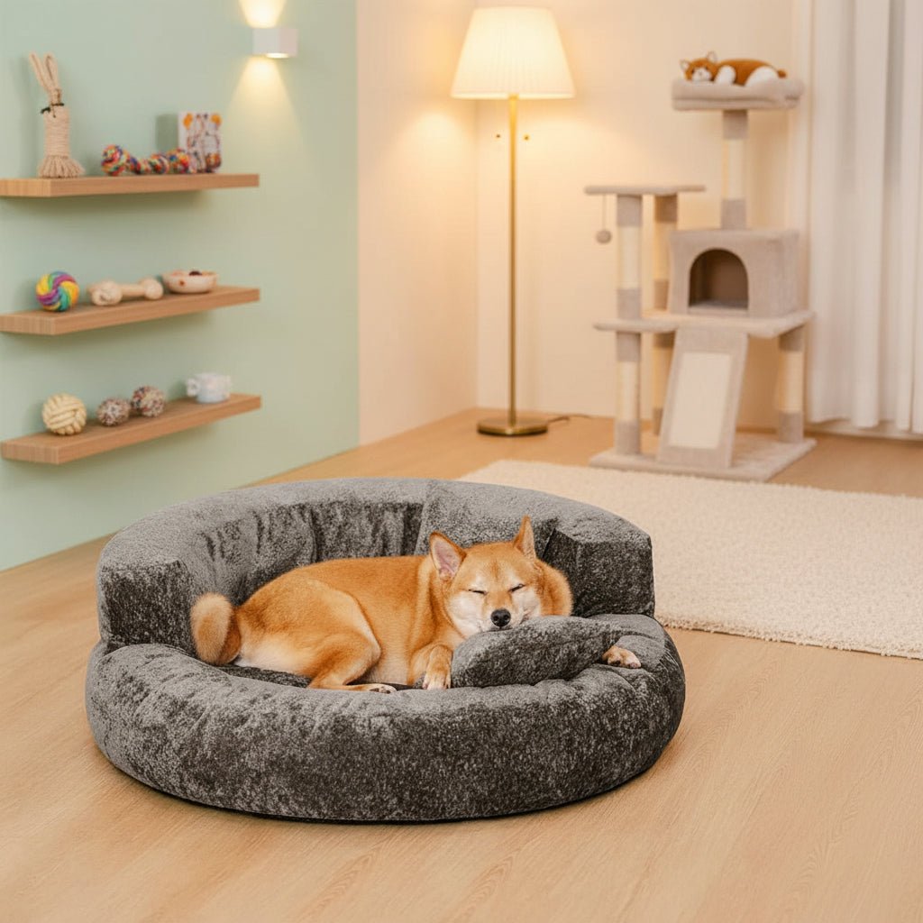 Gray orthopedic donut dog bed set up on a wooden floor with surrounding room decor