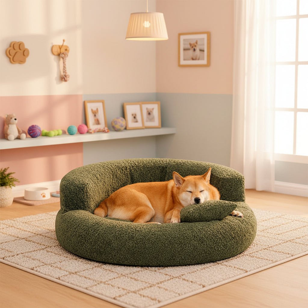 Plush donut dog bed showing soft faux fur and supportive orthopedic bolster for joint relief