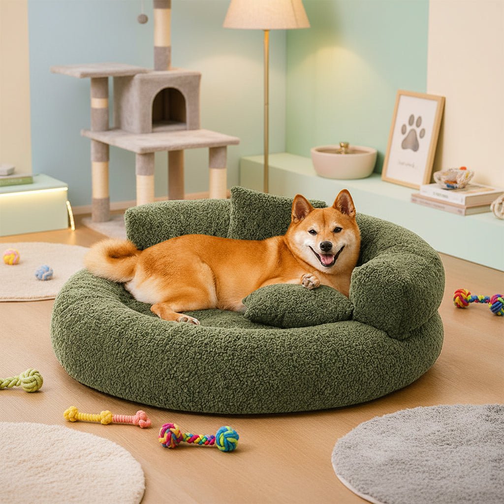 Close-up view of washable calming dog bed fabric and high-density cushioning pet supplies