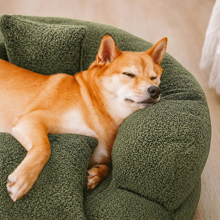 Top-down view of donut dog bed highlighting circular plush design and deep-dish comfort