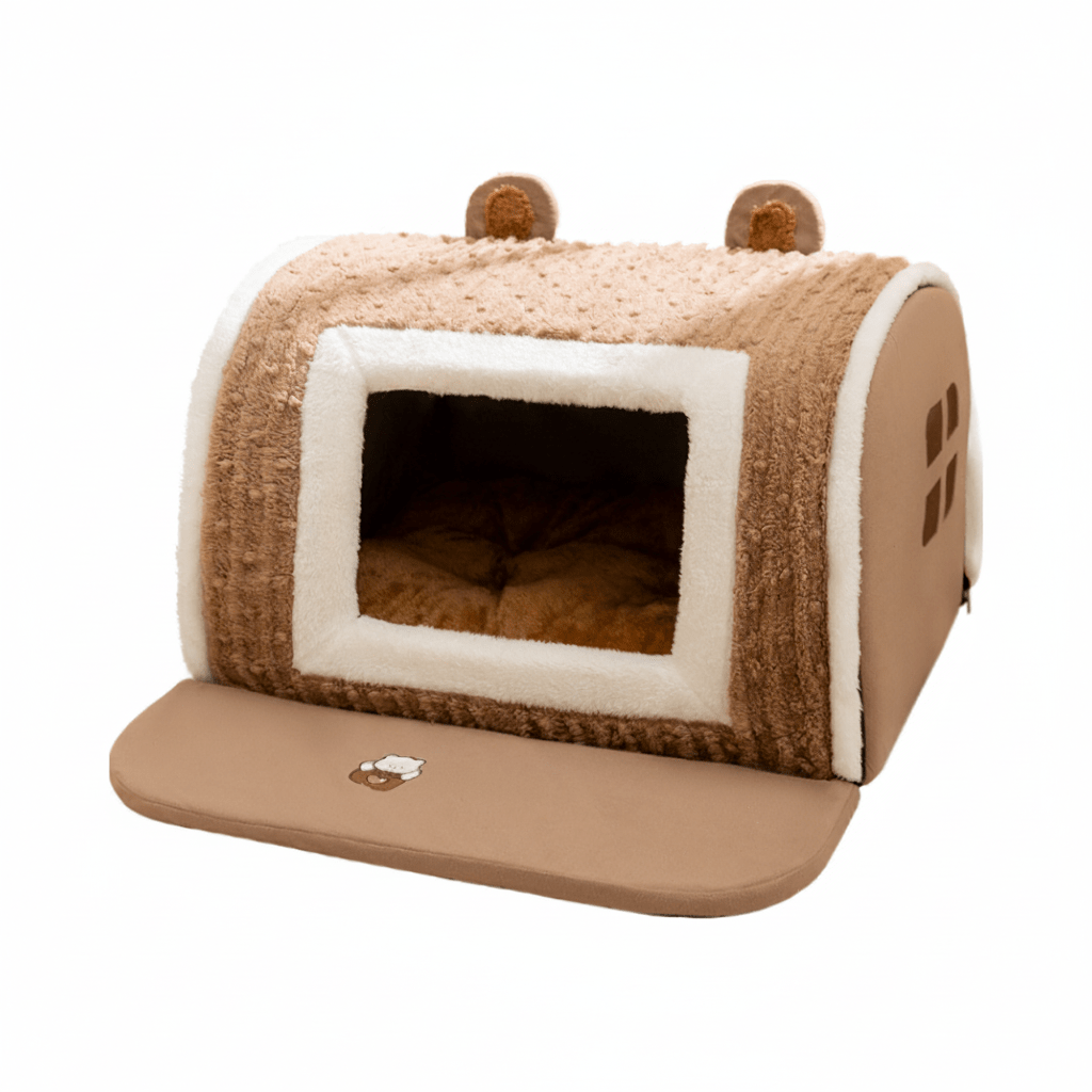 Brown orthopedic pet bed with bolster sides and cute bear ear details