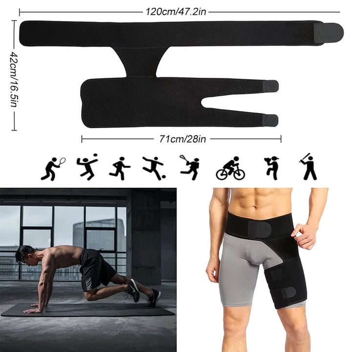 Complete unisex hip stabilizer and support wrap laid flat on surface