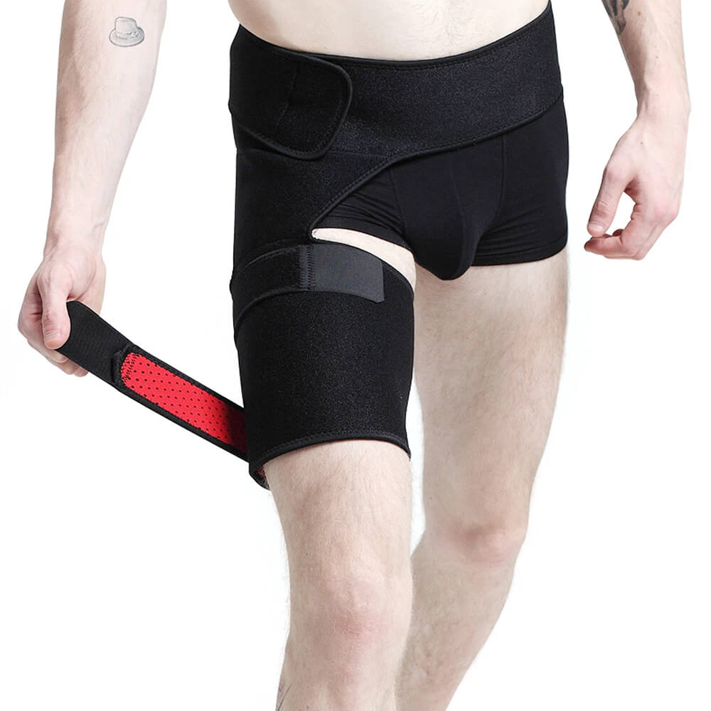 Person demonstrating how to secure the black hip and thigh support wrap