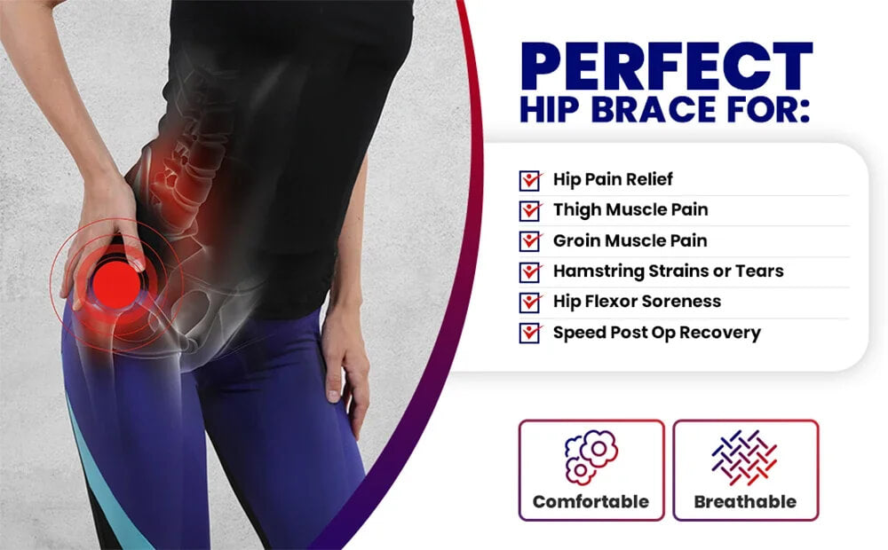 Close-up of adjustable compression thigh wrap and hip brace mobility aid