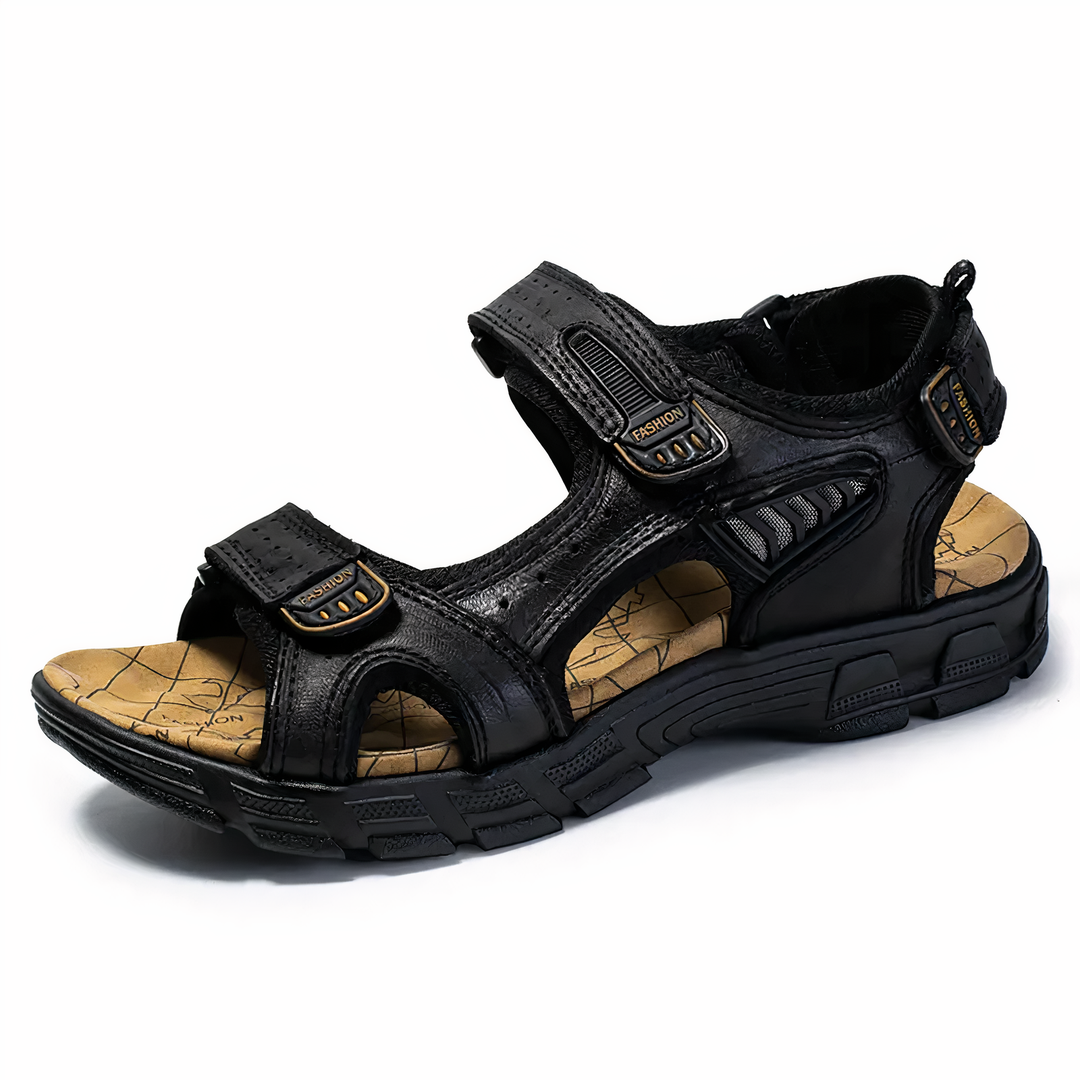 Men's orthopedic walking sandal in black profile view