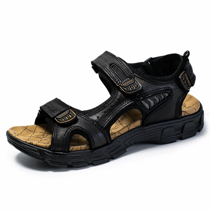 Men's orthopedic walking sandal in black profile view