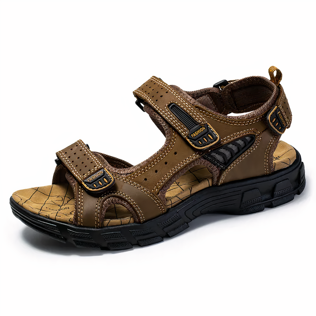 Men's orthopedic walking sandal in dark brown profile view