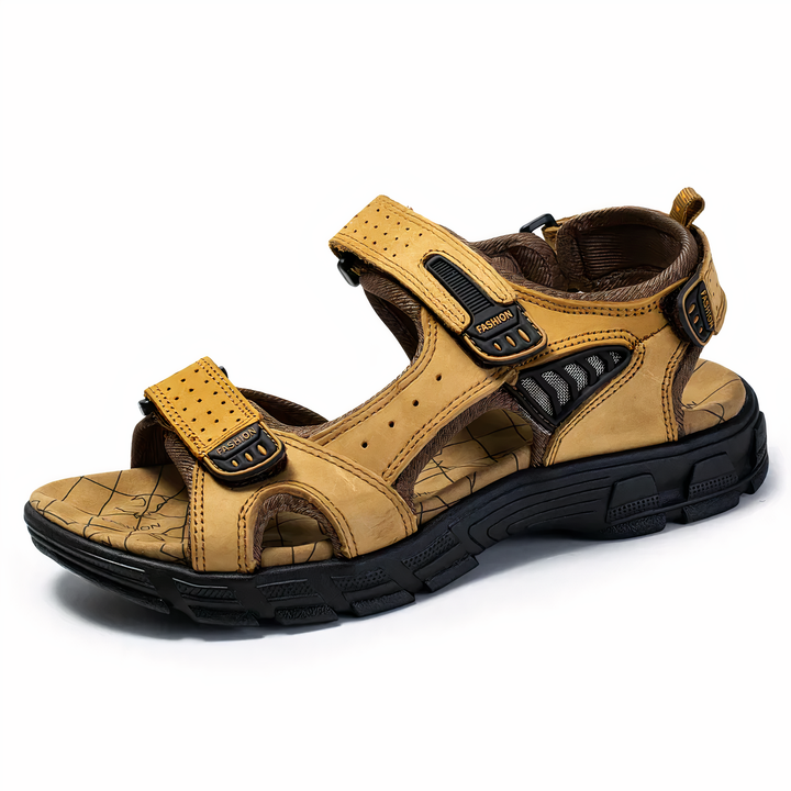 Men's orthopedic walking sandal in tan profile view
