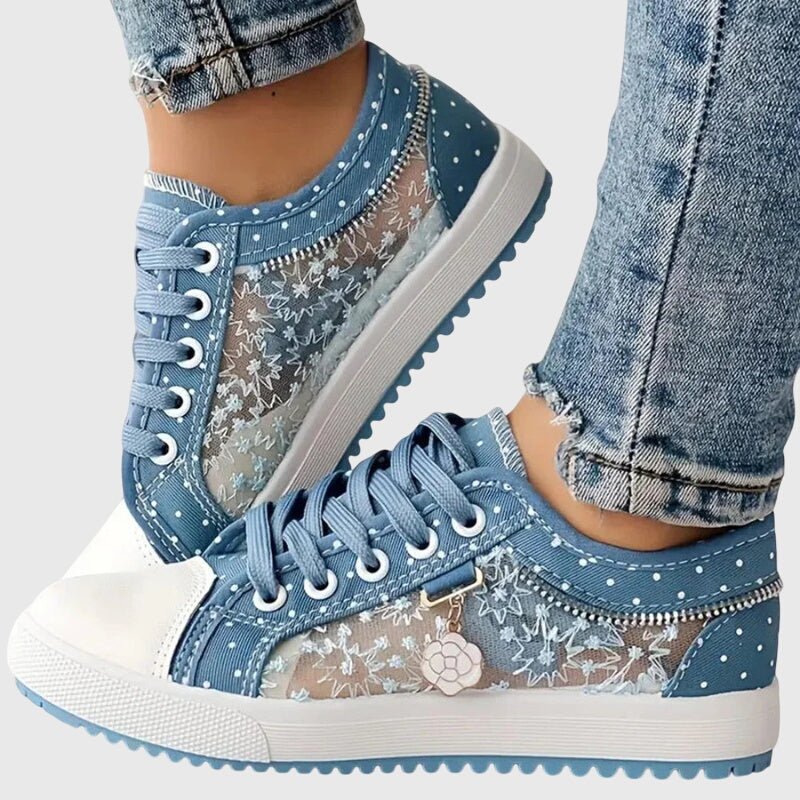 Women's blue orthopedic walking sneakers with lace-up design and decorative charm