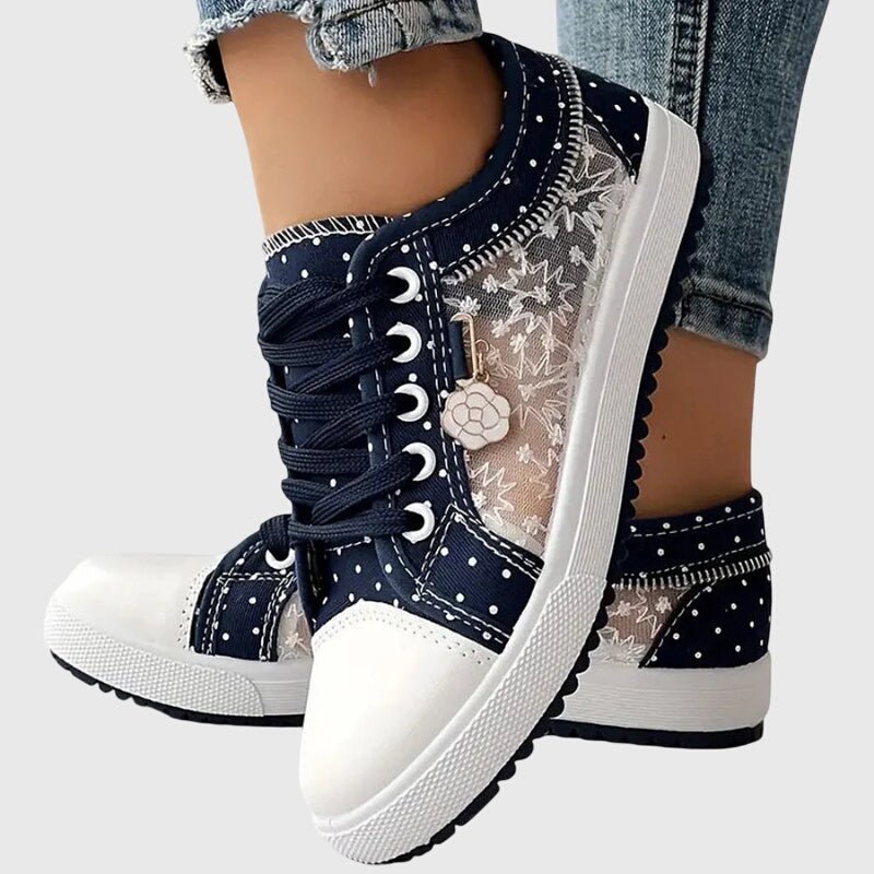 Close-up of cushioned insoles inside women's orthopedic walking sneakers