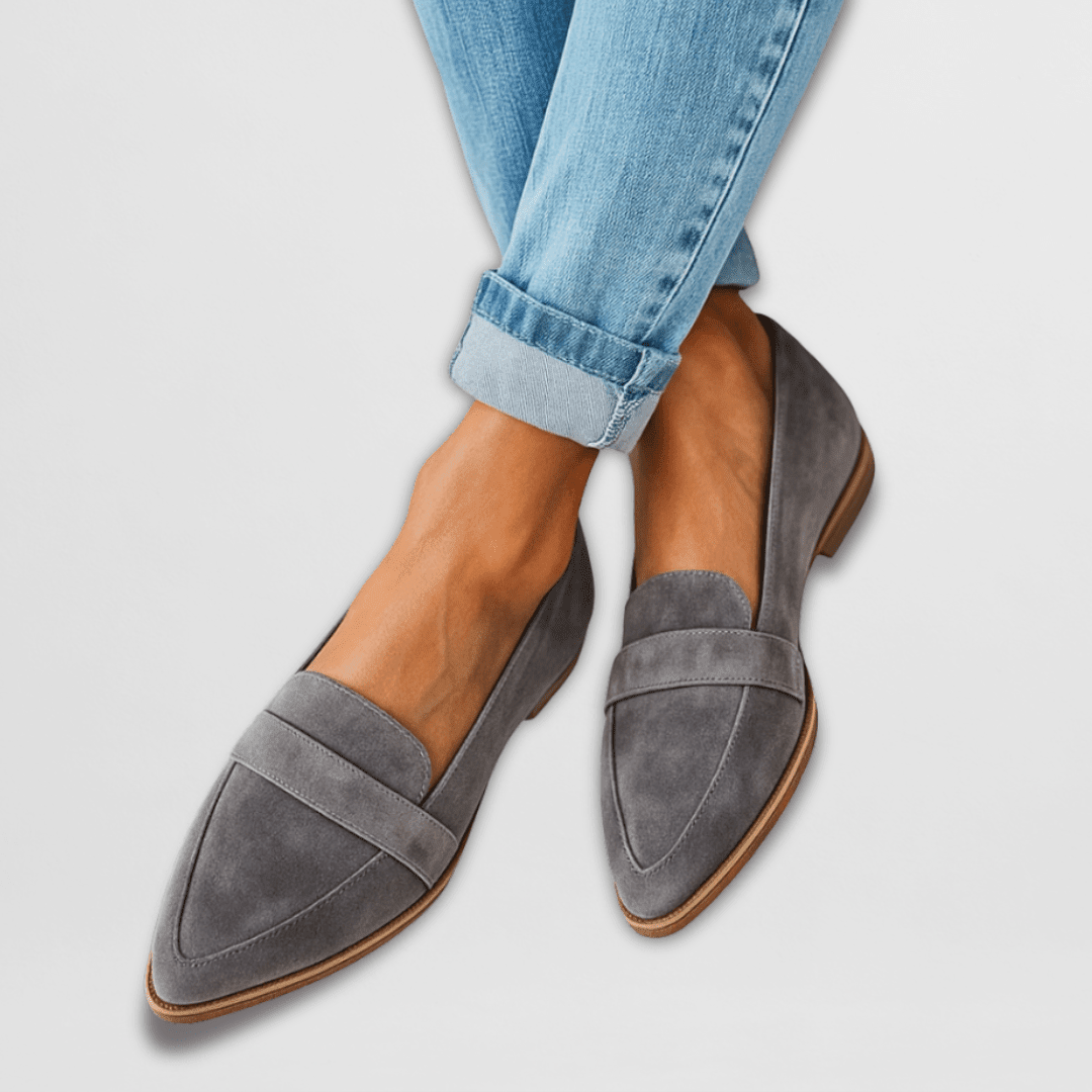 Gray slip-on loafers paired with casual denim jeans