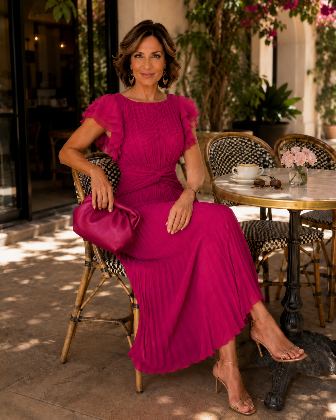 Back view of a chic women's flutter sleeve party and wedding guest dress