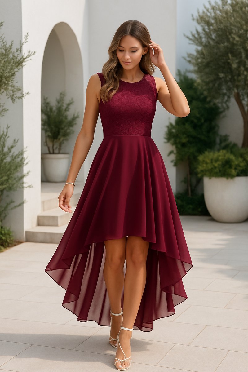 Front view of model showcasing the asymmetric hemline of the dress