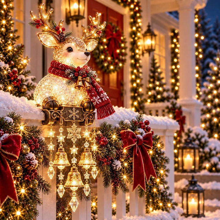 Glowing reindeer holiday porch light featuring festive red scarf and dangling ornaments