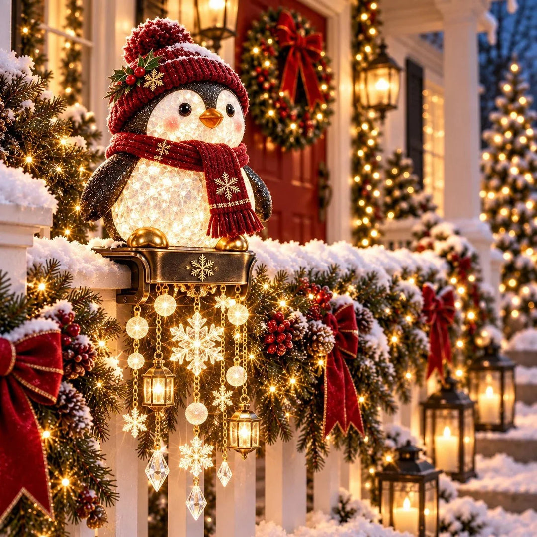 Festive penguin outdoor Christmas railing light with warm LED glow and snowflake accents