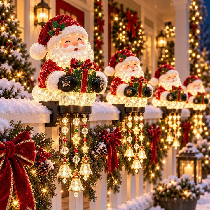 Illuminated Santa outdoor Christmas railing light with hanging star and bell decorations