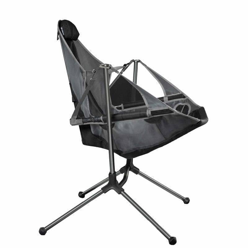 Outdoor portable folding rocking chair in dark grey set up outdoors