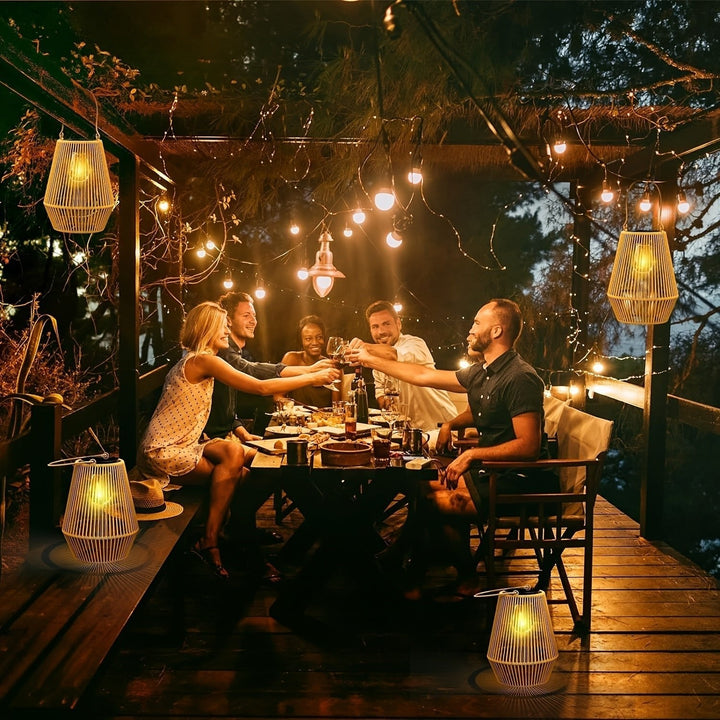 Outdoor solar lantern displaying warm ambient lighting, perfect for backyard patios and gardens.