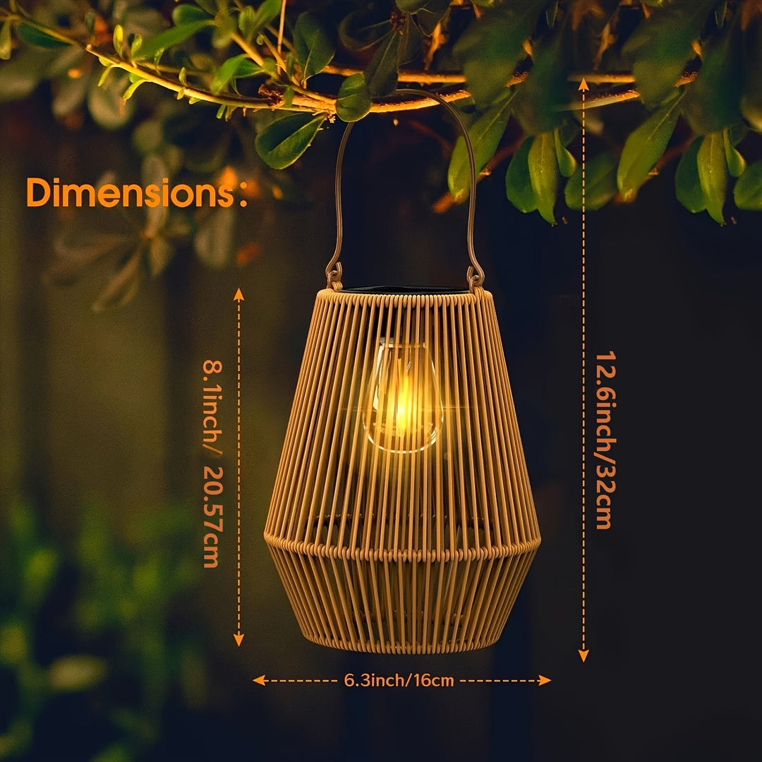 Outdoor solar woven lantern hanging in a garden, glowing softly for patio lighting and decor.