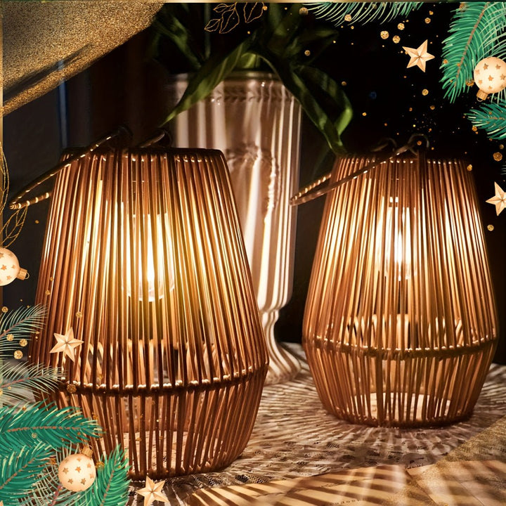 Pathway illuminated by hanging solar lights with a stylish woven texture for outdoor ambiance.