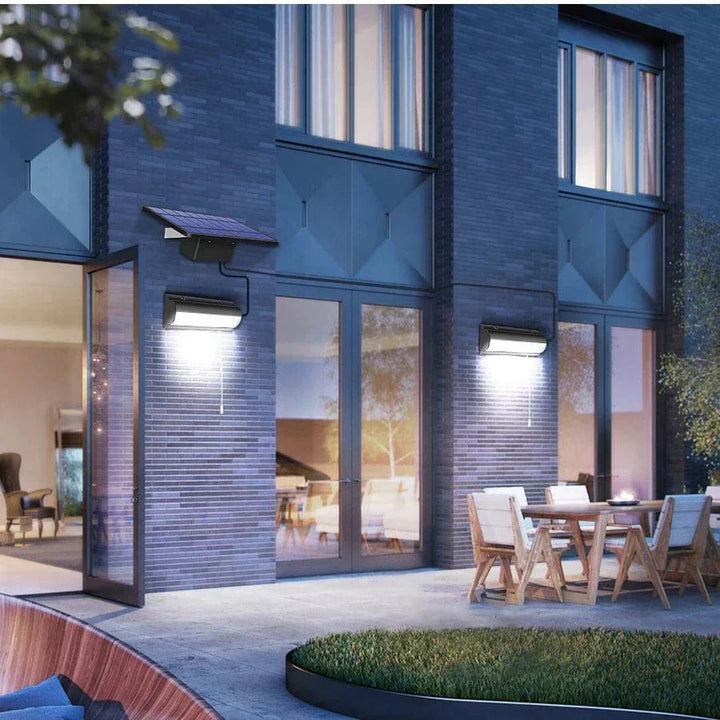 Illuminated outdoor pendant light showcasing bright LED bulbs and sleek weatherproof design