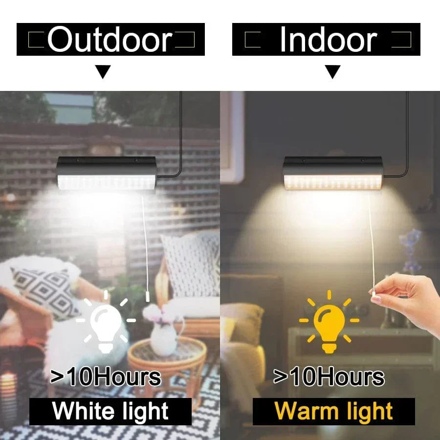 Comparison showing outdoor and indoor use with white light and warm white color options