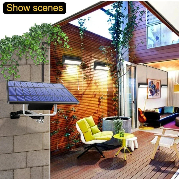 Energy-efficient solar pendant lamp casting a soft glow over an outdoor seating area