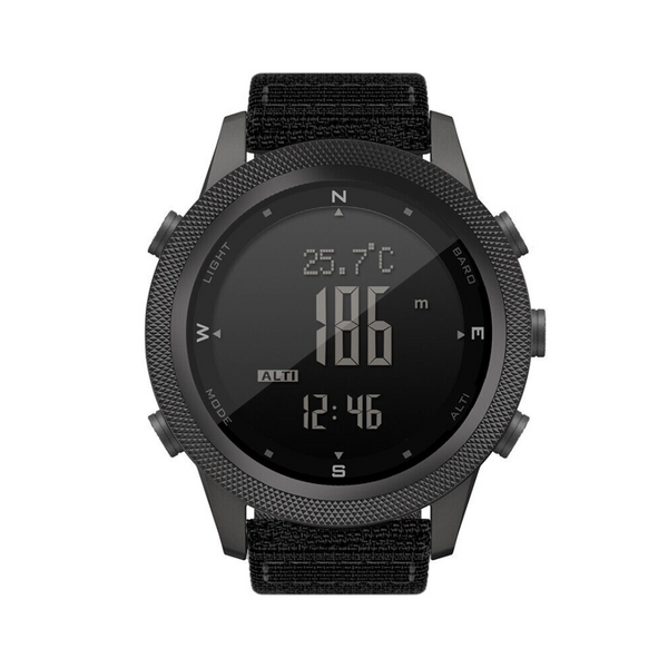 Men's outdoor sports watch displaying altimeter reading and digital time