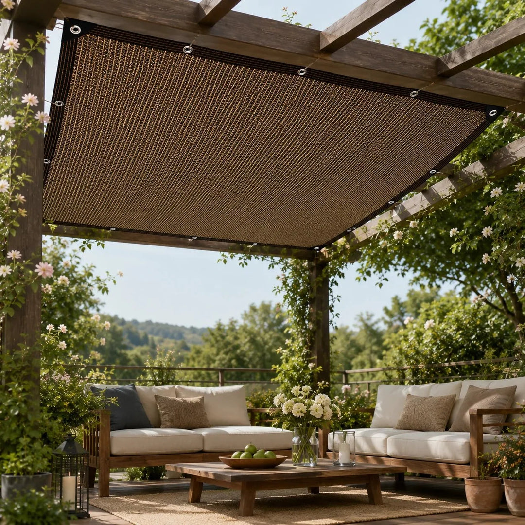 Outdoor sand shade panel installed securely over a wooden patio pergola