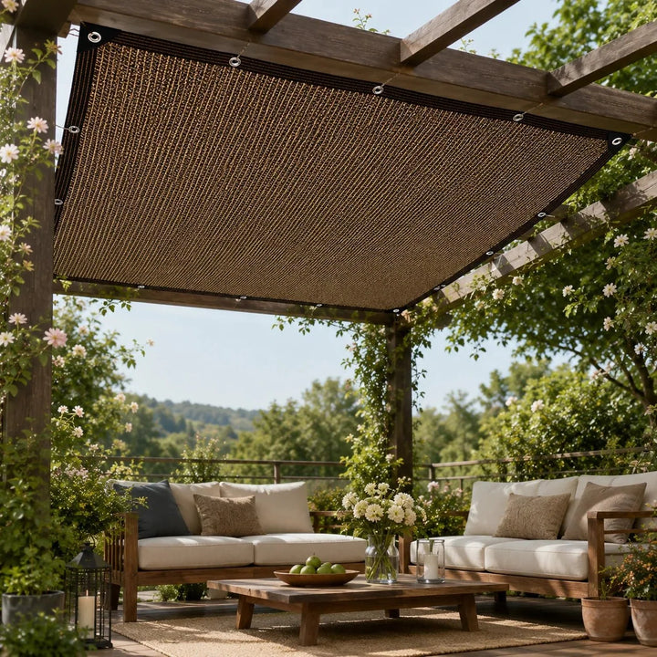 Outdoor sand shade panel installed securely over a wooden patio pergola