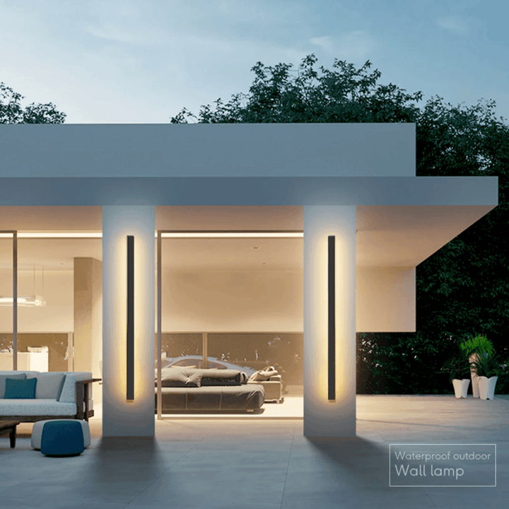 Waterproof outdoor wall lamp illuminating a contemporary patio column