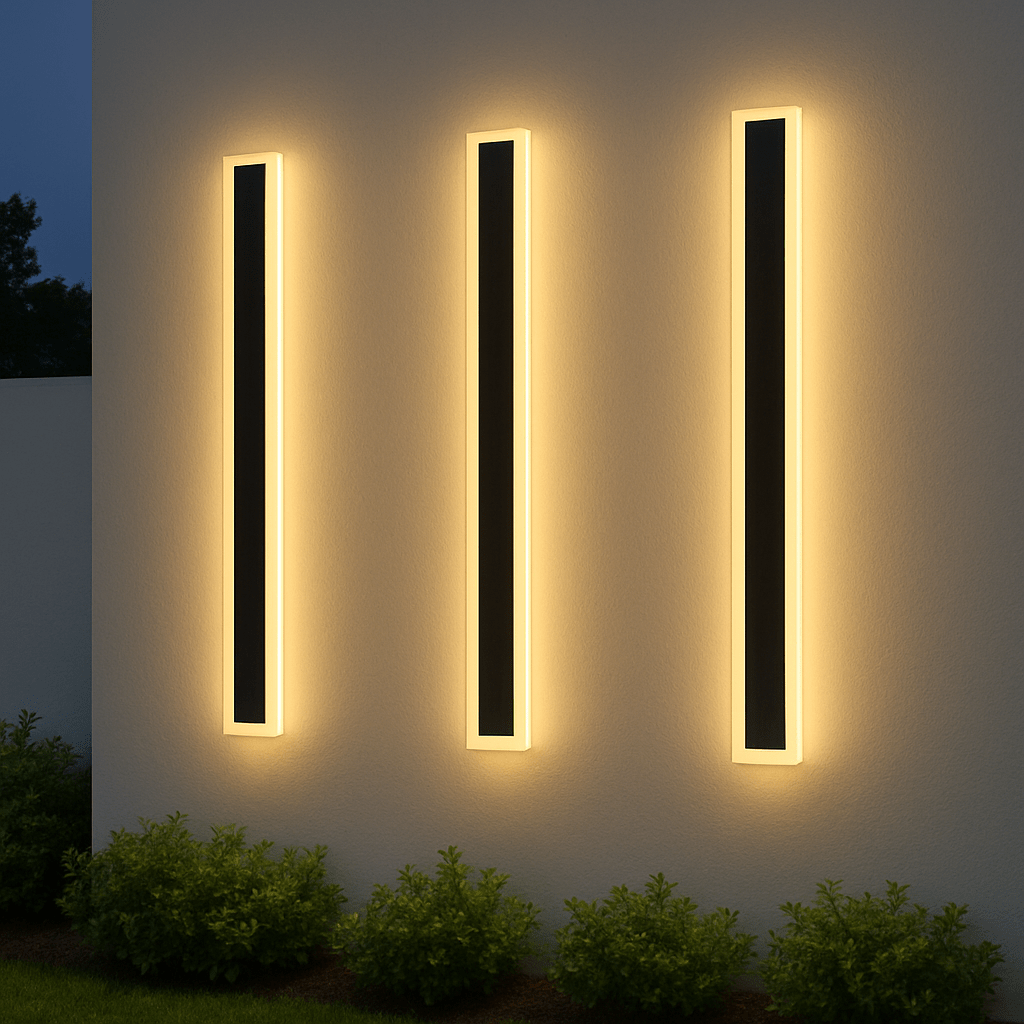 Three minimalist outdoor LED wall lamps mounted vertically on a light gray exterior wall next to green bushes at dusk.