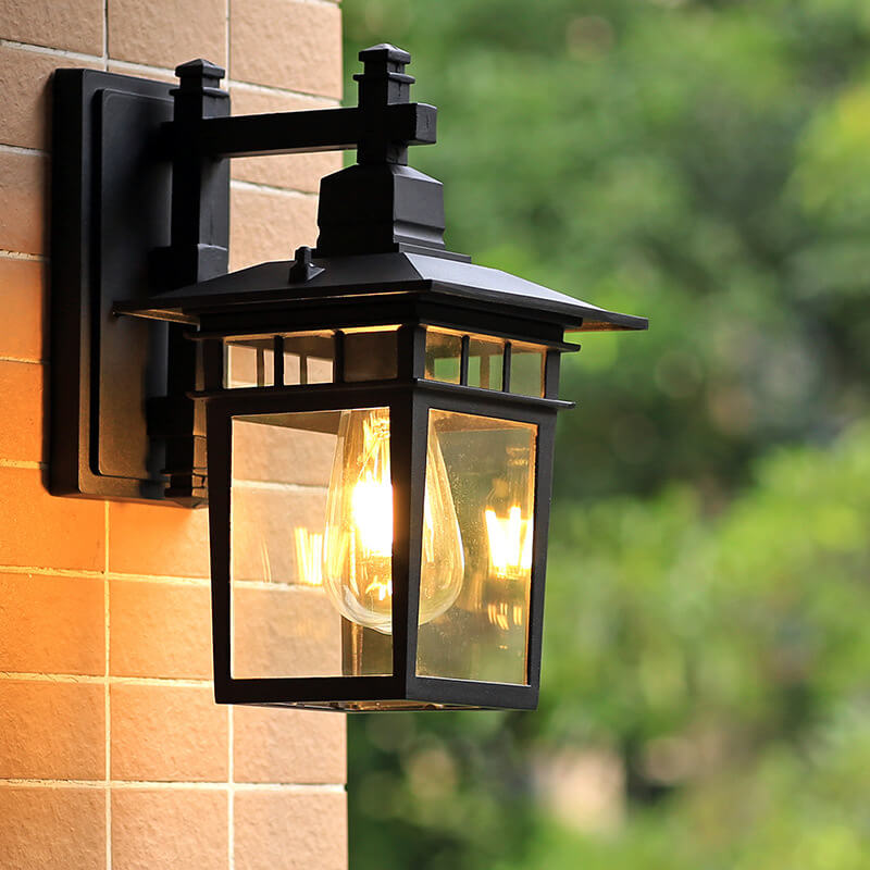Waterproof exterior lighting fixture glowing in twilight setting