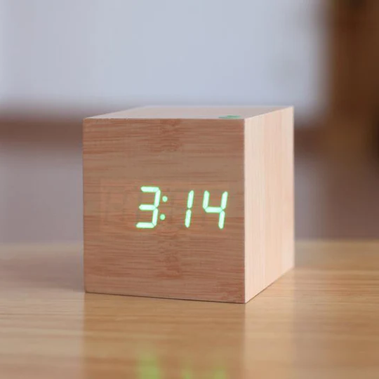 Modern wooden cube LED digital desk clock displaying time in bright red numbers