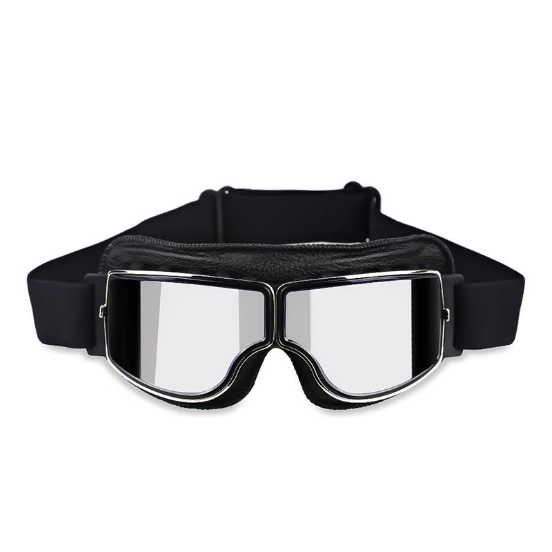 Riding goggles with reflective silver lenses and durable frame construction